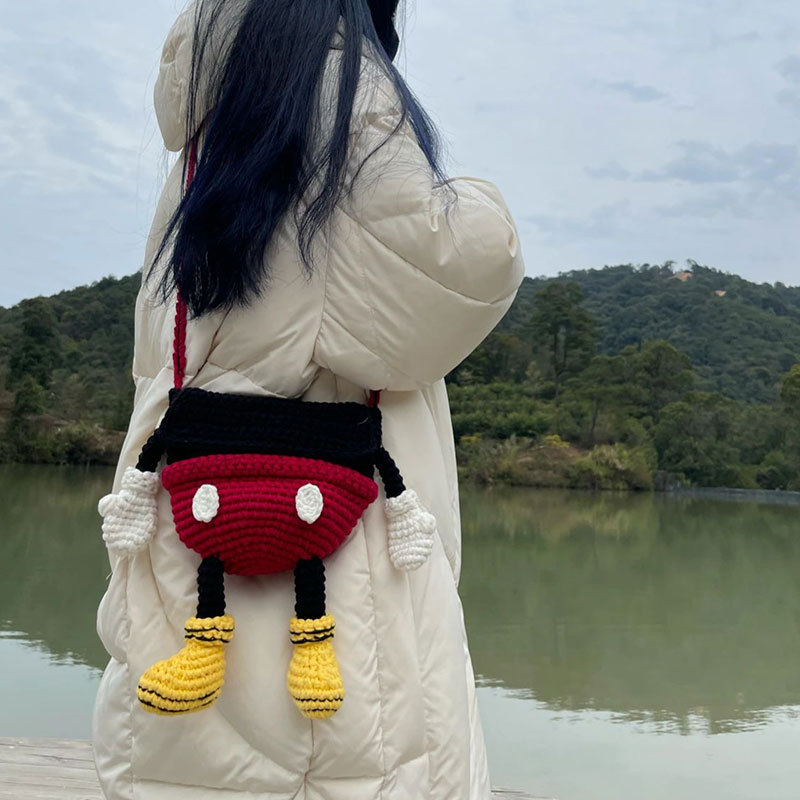 Hook thread hand woven Mickey bag knitted wool diy homemade material bag crochet messenger bag for girlfriend