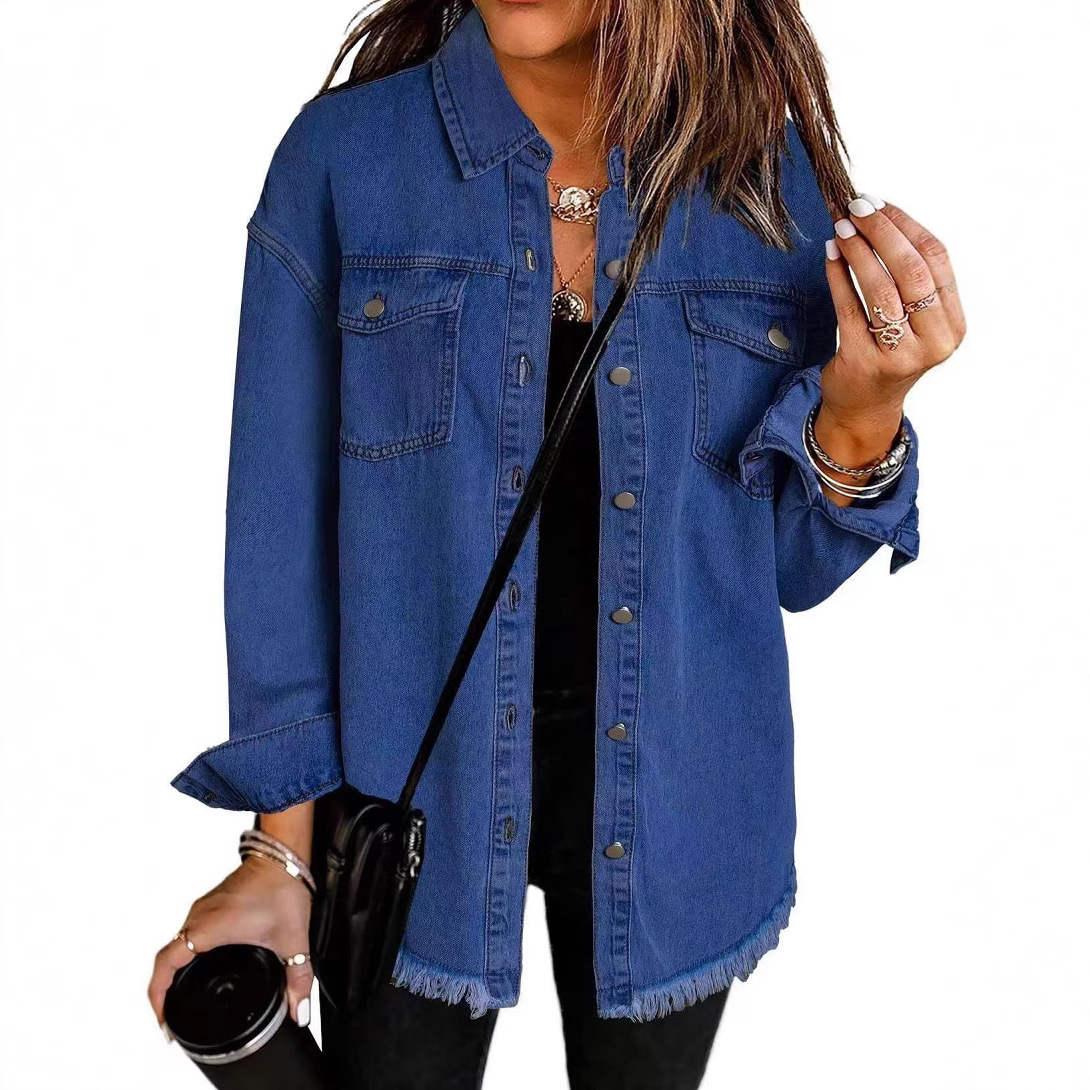 Picture of Cross-border New Washed Denim Shirt Jacket 2024 European and American Women's Autumn and Winter Distinctive Street Style Edge Hem Jacket