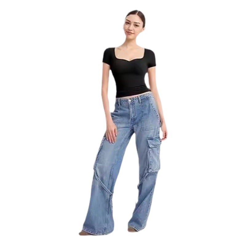 Cross-Border Amazon Short-Sleeved Slim Women's T-Shirt 2024 New Heart-Shaped Collar Pullover Top Milk Silk Navel-Baring Women's Clothing