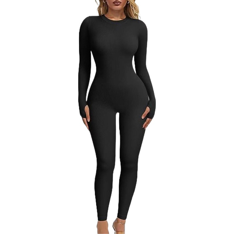 Spot European and American Cross-Border 2025 Women's One-Piece Yoga Jumpsuit Ribbed Long-Sleeved Pants Round Neck Top Jumpsuit