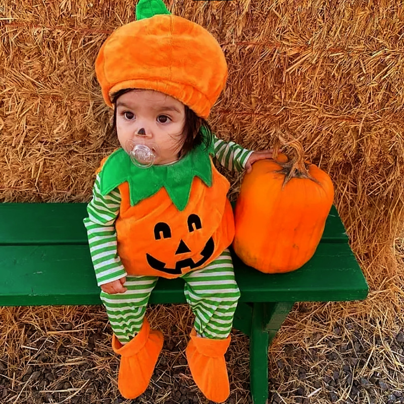 Ins Kidsren's Clothing Kidsren's Halloween European and American Cute Sleeveless Pumpkin Romper Socks Three-Piece Set Ins Style Kidsren's Clothing