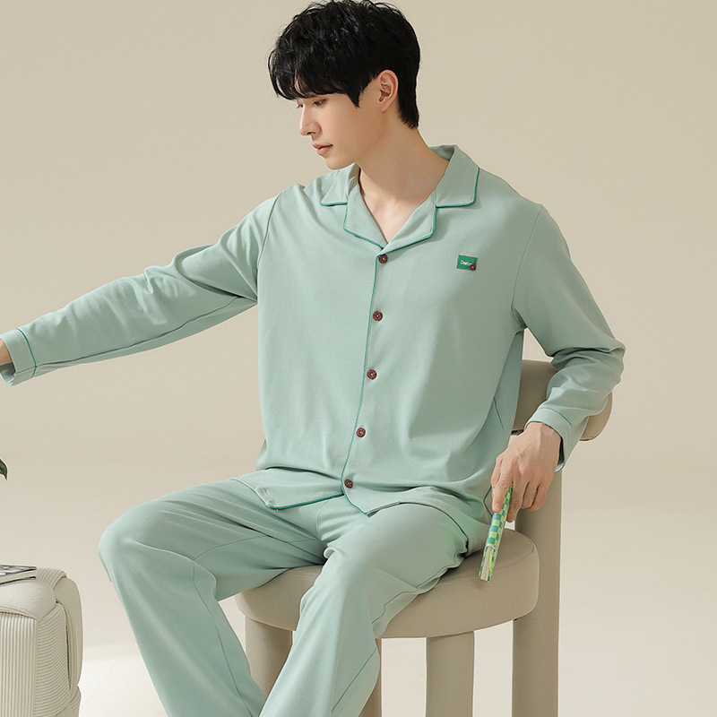 Pajamas men's spring and autumn knitted cotton long-sleeved youth cardigan trousers casual summer solid color plus size Men's