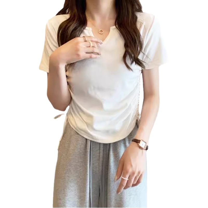 Picture of Designed V-Neck Drawstring Slim-Fit Pure Desire Style Short-Sleeve T-Shirt for Women, 2025 Summer New Solid Color Student Top Trendy