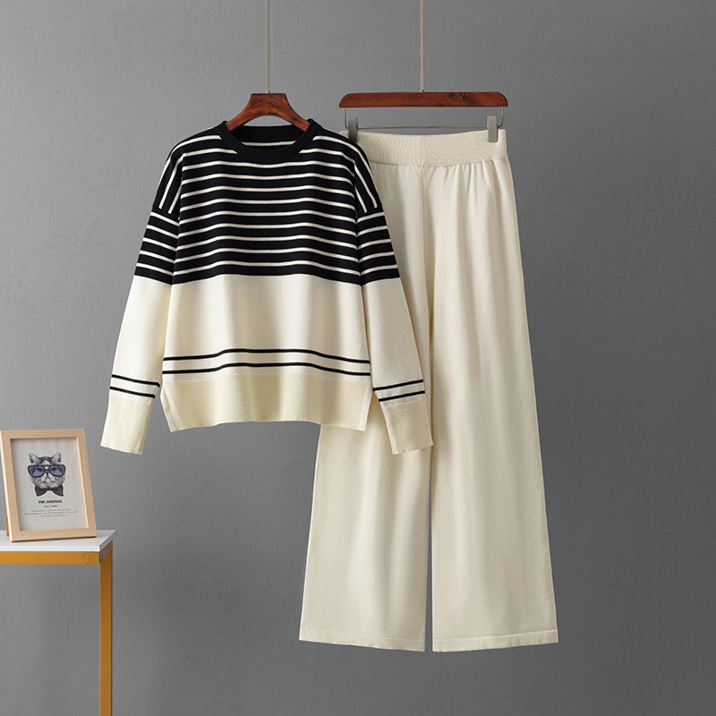 Picture of Cross-border Amazon Autumn and Winter New Foreign Trade Striped Knitted Two-piece Crewneck Sweater Loose Casual Fashion Pants