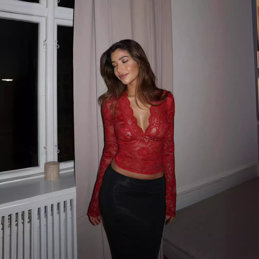 Picture of Cross-border New AliExpress Amazon Europe and America Solid Color Slim V-neck Long Sleeve Lace Base Shirt Top