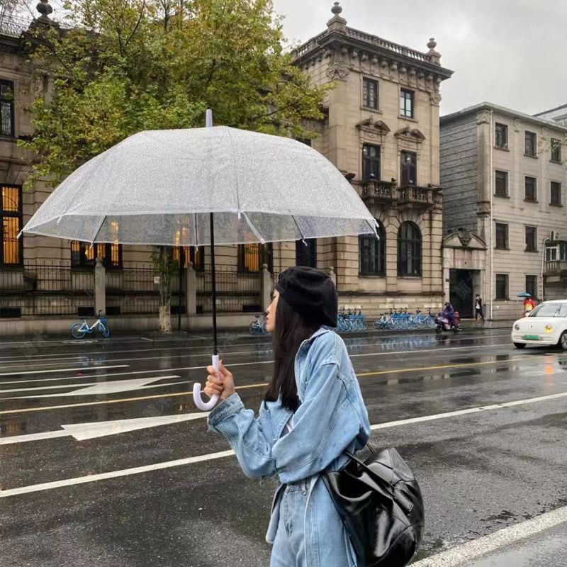 Picture of Transparent Umbrella Men and Women Internet Celebrity ins Cute Semi-automatic Straight Handle Photography Small Fresh Sunshade Sunny Umbrella Frosted Umbrella