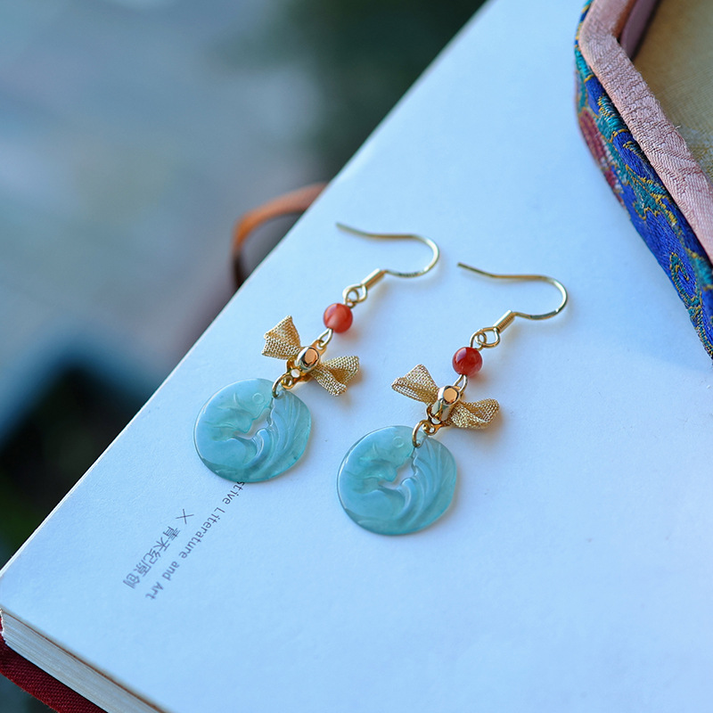 High ice jade earrings fox blue water material jade earrings court wind earrings 14k gold vintage jewelry