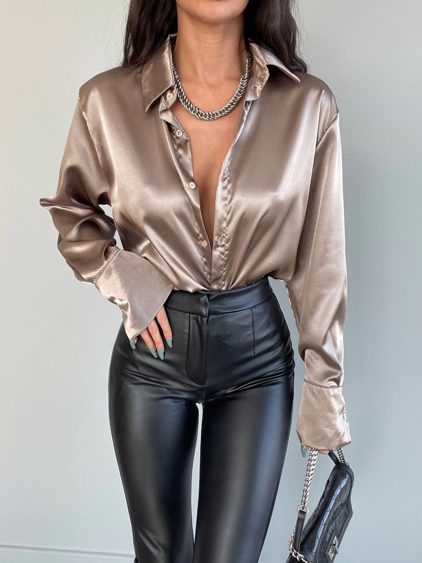 Picture of Independent station European and American cross-border lapel long sleeve button temperament slimming satin shirt women Wholesale