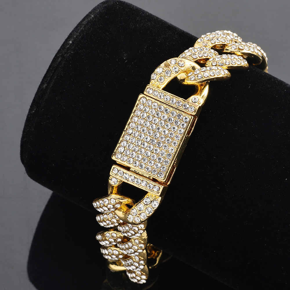 European and American style hip-hop explosions men's domineering Cuban chain full set zircon exaggerated large gold chain bracelet manufacturers wholesale