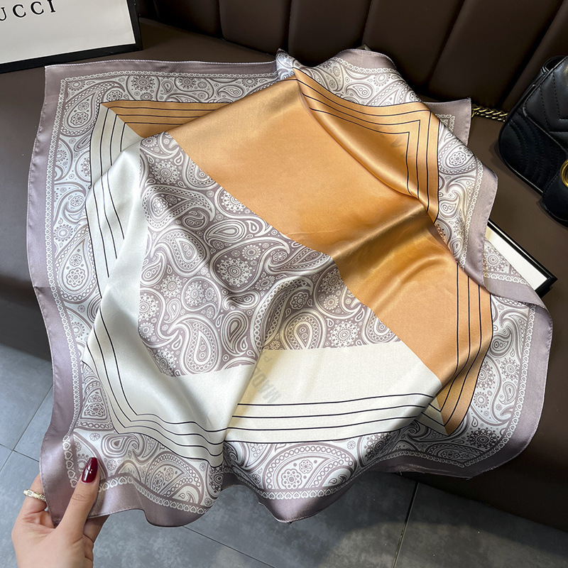 Picture of Spring and Autumn Thin Japanese and Korean Sweet Champagne Color Small Floral Silk Mulberry Silk 70cm Square Scarf Silk Scarf Hair Band Headwear Women