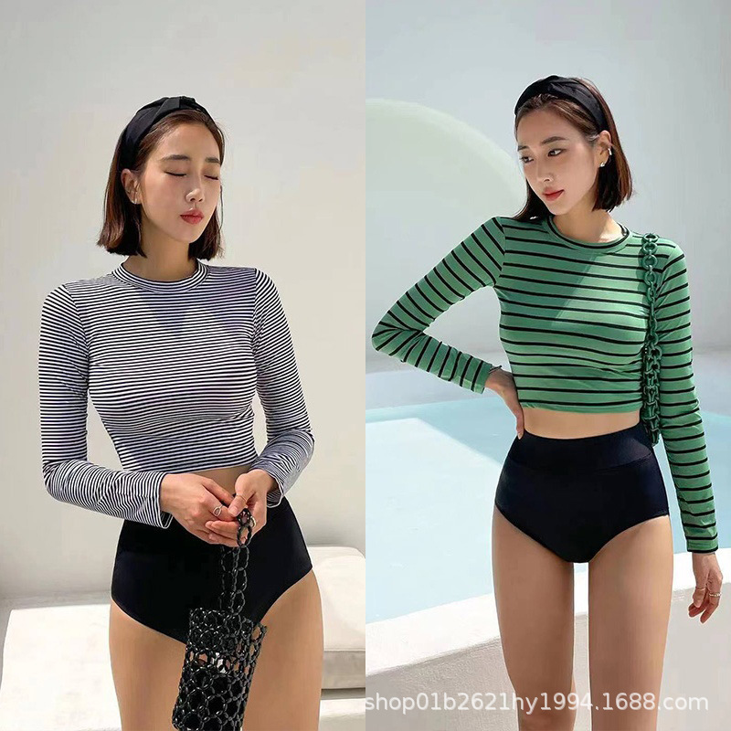 Long Sleeve Striped high waist split swimsuit female hot spring South Korea ins Internet celebrity belly covering slimming conservative student sports