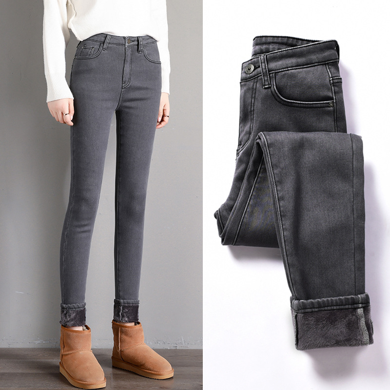 Smoke Grey Slim Fit Fleece-Lined Skinny Jeans Women's Spring/Summer 2023 New High Waist Stretch Tight Slimming Pants