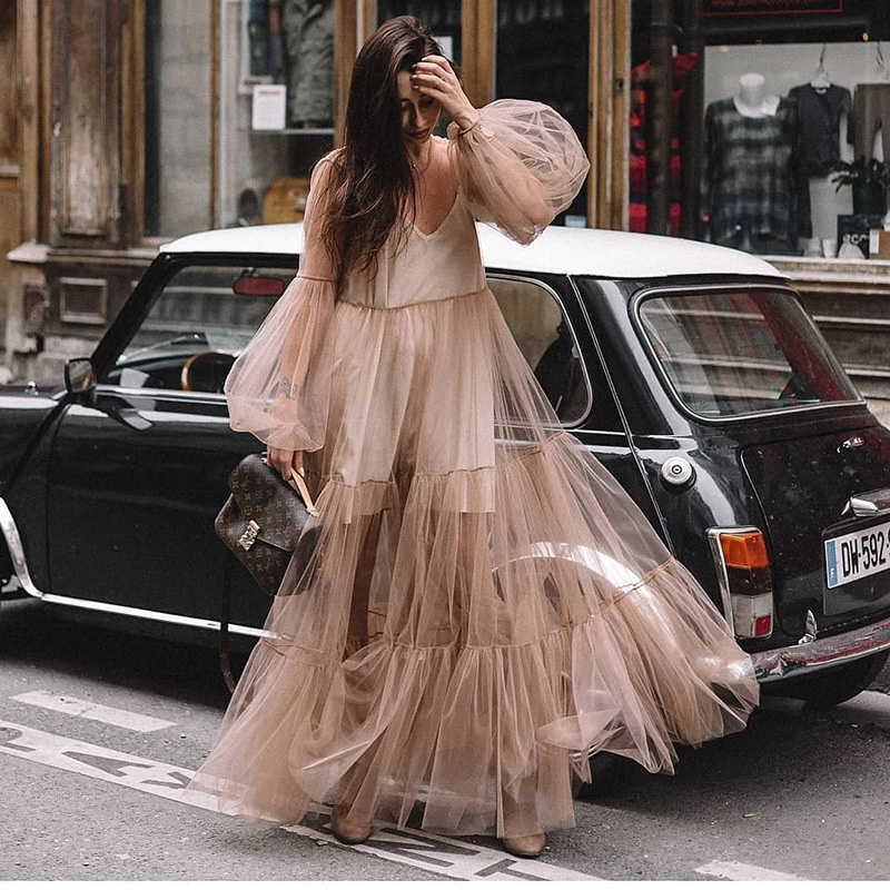 2025 Cross-Border Summer New European and American Clothing Amazon V Neck Fashionable Puff Sleeve Mesh See-Through Dress Long Skirt