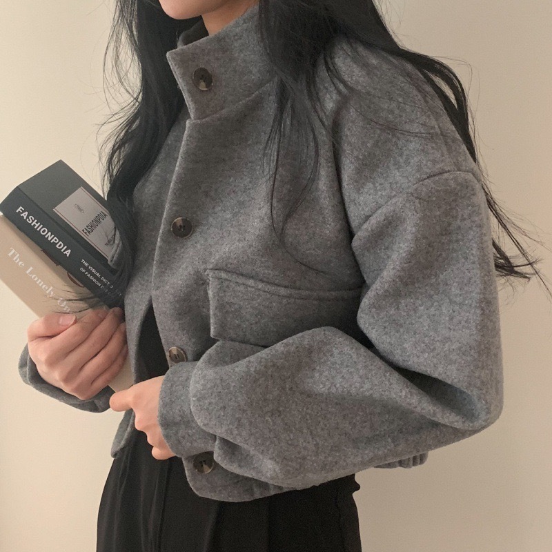 Picture of Autumn and Winter Loose Woolen Coat for Women Plus Size Pocket Small Stand Collar Top Long Sleeve Button Hong Kong Style Woolen Women's Clothing Wholesale