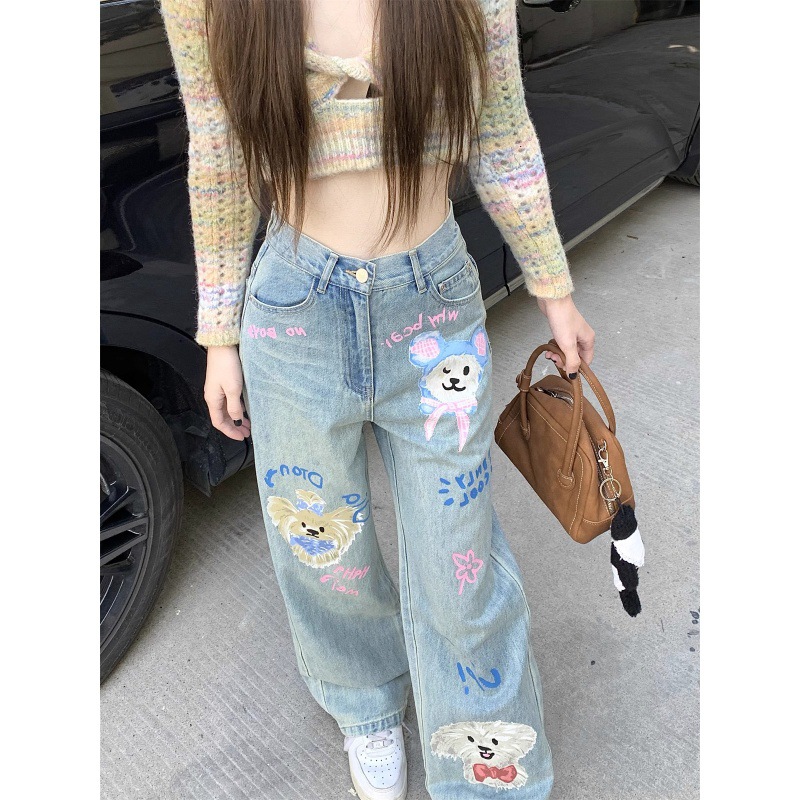 Cartoon Graffiti Print Wide Leg Jeans Women's Summer Loose High Waist Slim Look Straight Pants Casual Trousers