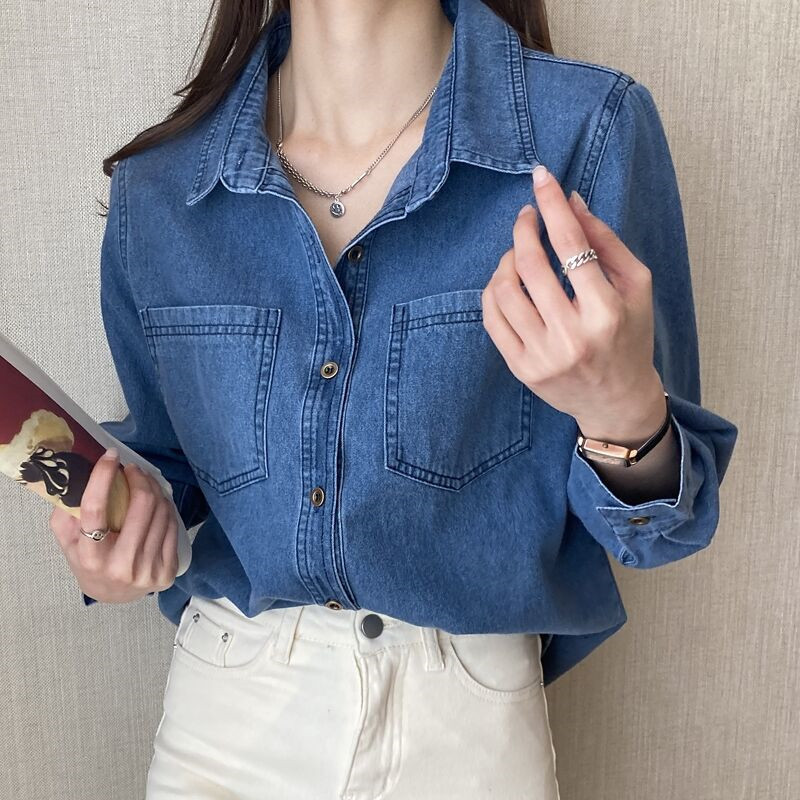 Cross-border Retro Hong Kong Style Blue Shirt Denim Shirt Women's Small New Design Sense Niche Coat Women