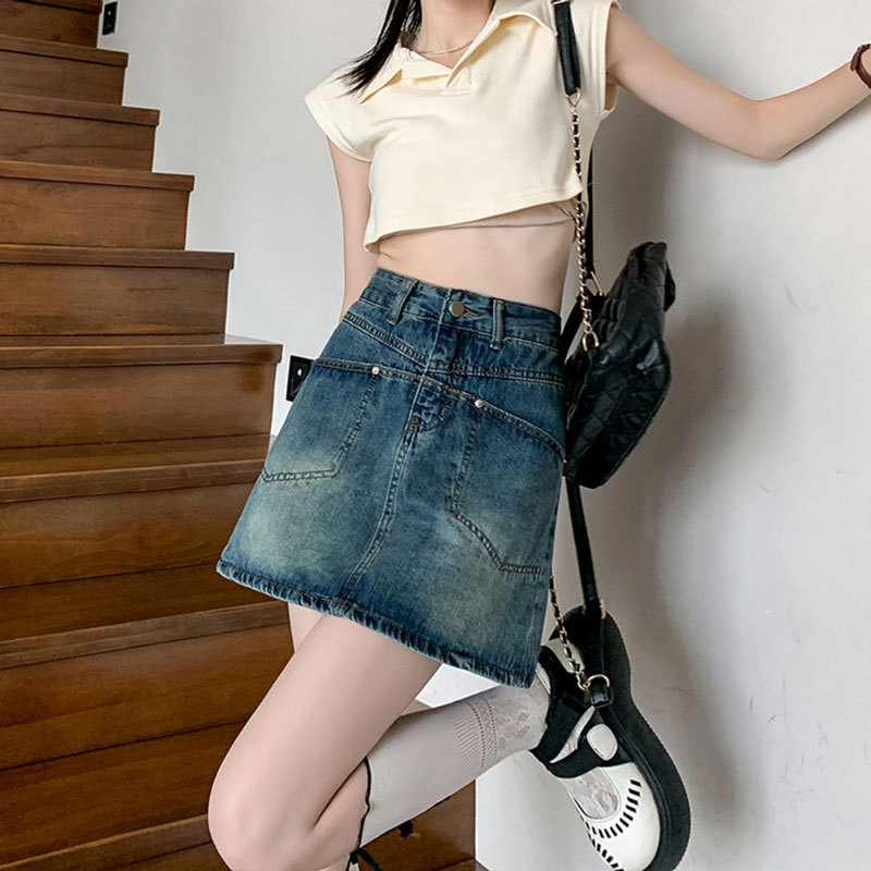 Thin Summer A- line Denim Skirt Women's High Waist ins Style Design Split Pocket Niche Retro Hip Skirt for Women