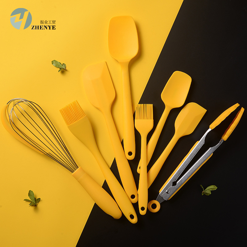 Yellow Silicone Baking 8-Piece Baking Tool Set Cake Spatula Scraper Oil Brush Egg Beater