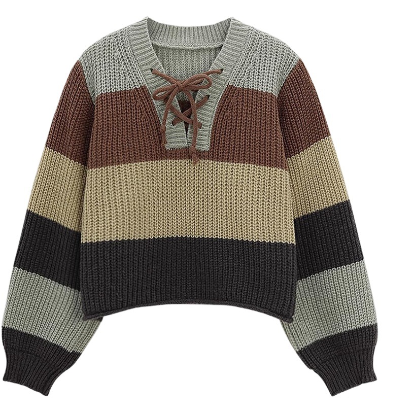 Retro contrast color striped lace-up V-neck knitted bottoming shirt for women autumn and winter slim fit slimming top short sweater inner wear