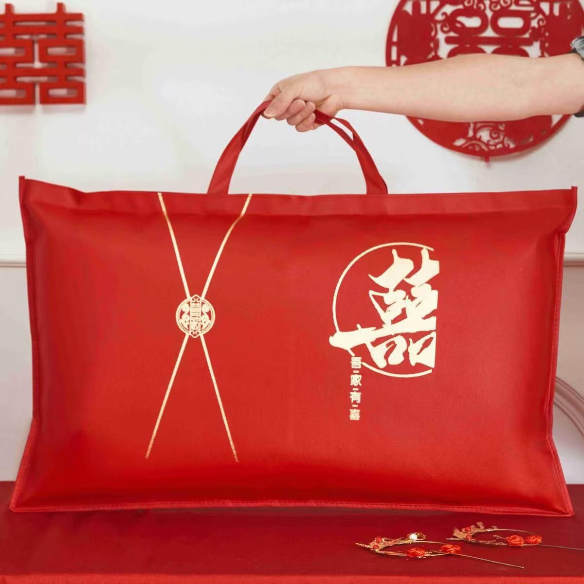 Pillow Core Packaging Bag, Wedding Quilt Packaging Bag, Four-Piece Storage Bag, Wedding Large-Capacity Travel Red Organizing Bag