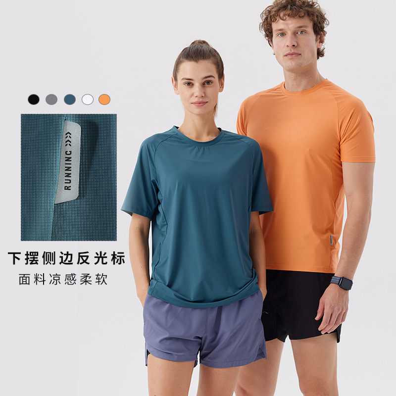 Outdoor nylon quick-drying clothing men's summer round neck elastic ice silk breathable reflective printing group built fitness running short sleeve