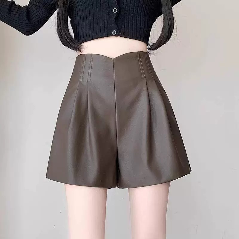brown Pu Small Leather Pants Shorts Women's Autumn and Winter 2024 New High Waist A- Shaped Wide-Leg Pants for Small Outer Wear Bottoming Boots