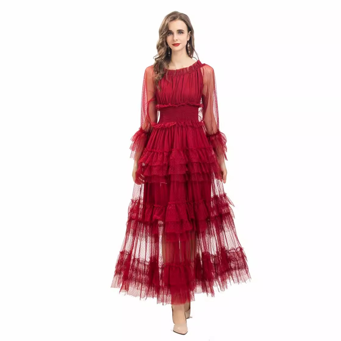 2022 European and American Women's Clothing Autumn and Winter New French Fairy Dress Mesh Laminated Waist Pure Desire Dress 224211