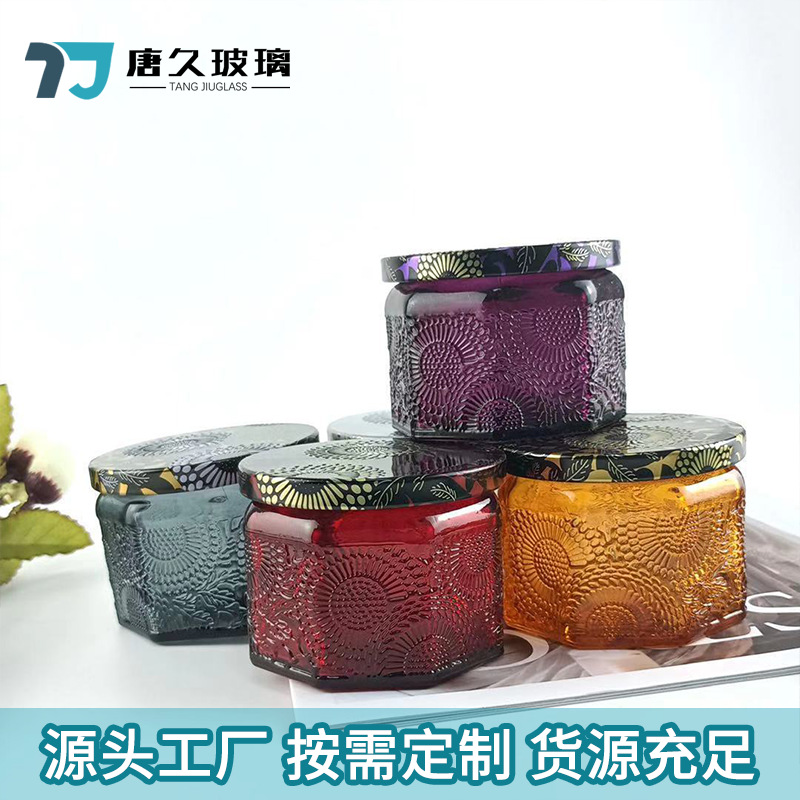 Picture of Hexagon Mini Embossed Pattern Candle Jar Colorful Aromatherapy Candlestick Bottle Amber Embossed Glass Candle Bottle