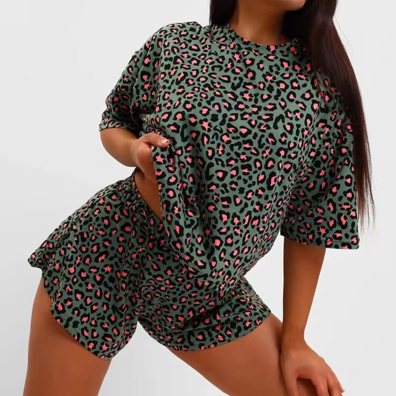 Cross-Border Fashion Short-Sleeved Russian Women's Summer Home Wear Casual Shorts Can Be Worn Outside European and American Style Leopard Print