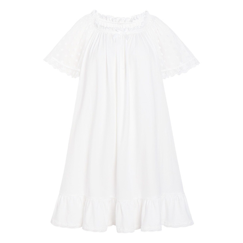 Short-Sleeved Nightgown Women's Summer Cotton Palace Style Sweet Mesh Embroidered Loose Large Size Pajamas Breathable Outdoor Home Clothes
