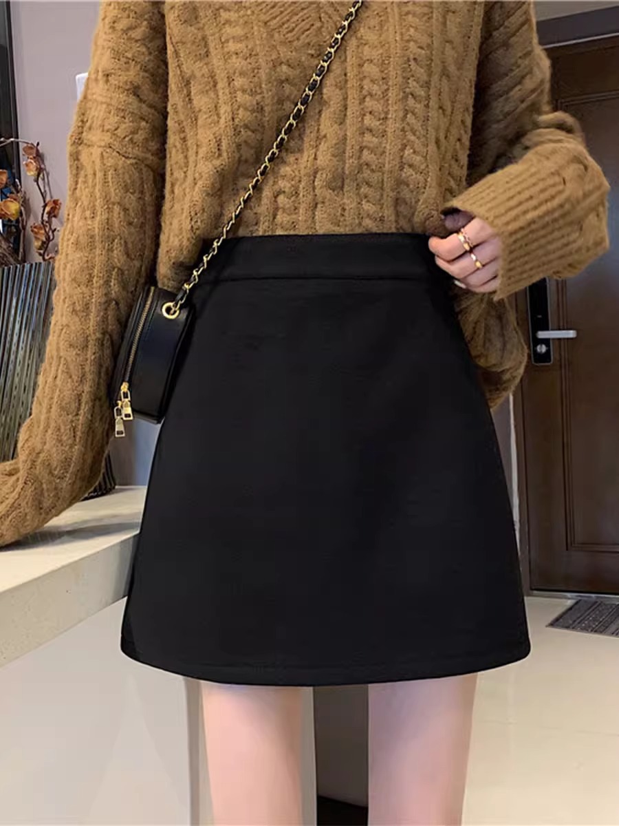 plus size Woolen A- line Skirt 2024 Fall/Winter chubby girl Belly Covering Skirt Slimming Hip Thickened Skirt ins Skirt Women