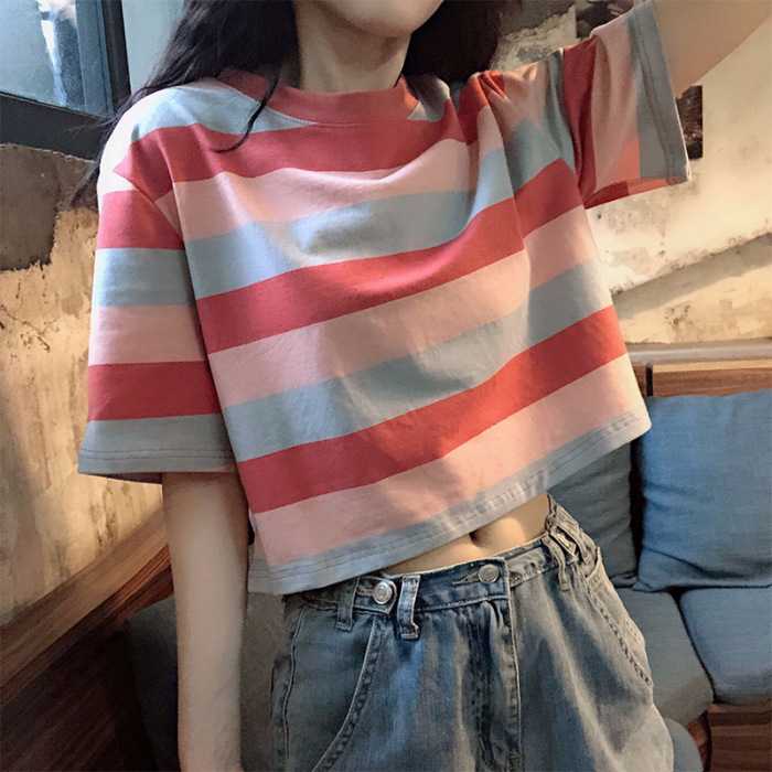 Wholesale summer new Korean version of loose rainbow striped short sleeve T-shirt female students short umbilical all-match top tide