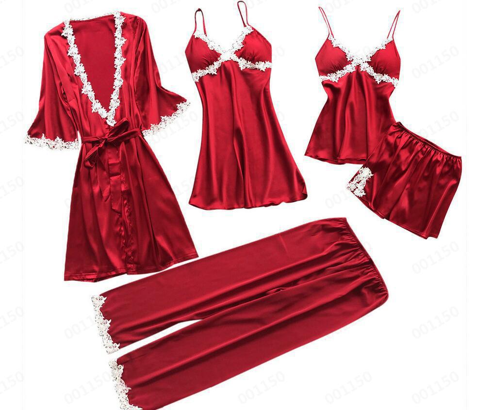 2021 European and American Sexy Five-piece Pajamas Women's Summer Mid-sleeved Bridal Morning Gown Large Size Multicolor Multi-size Home Clothes Nightgown