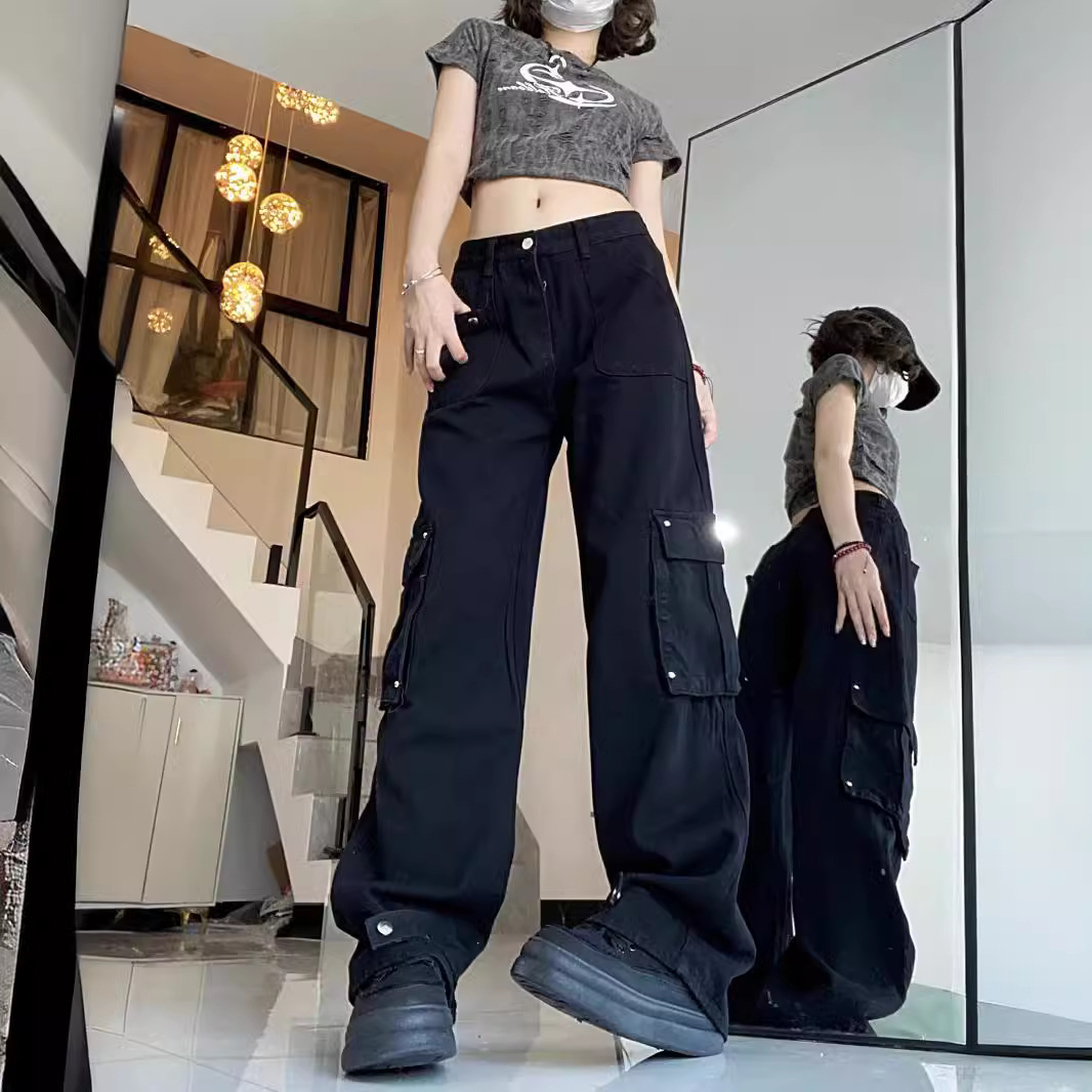 High Street Hot Girl Style Black Tooling Jeans Women's Summer New Fashionable Straight Wide Leg Pants Hangting Long Pants