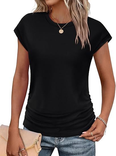 2025 Amazon European and American Summer Women's Summer Top Fashion Pleated Cap Short Sleeve T-Shirt Round Neck
