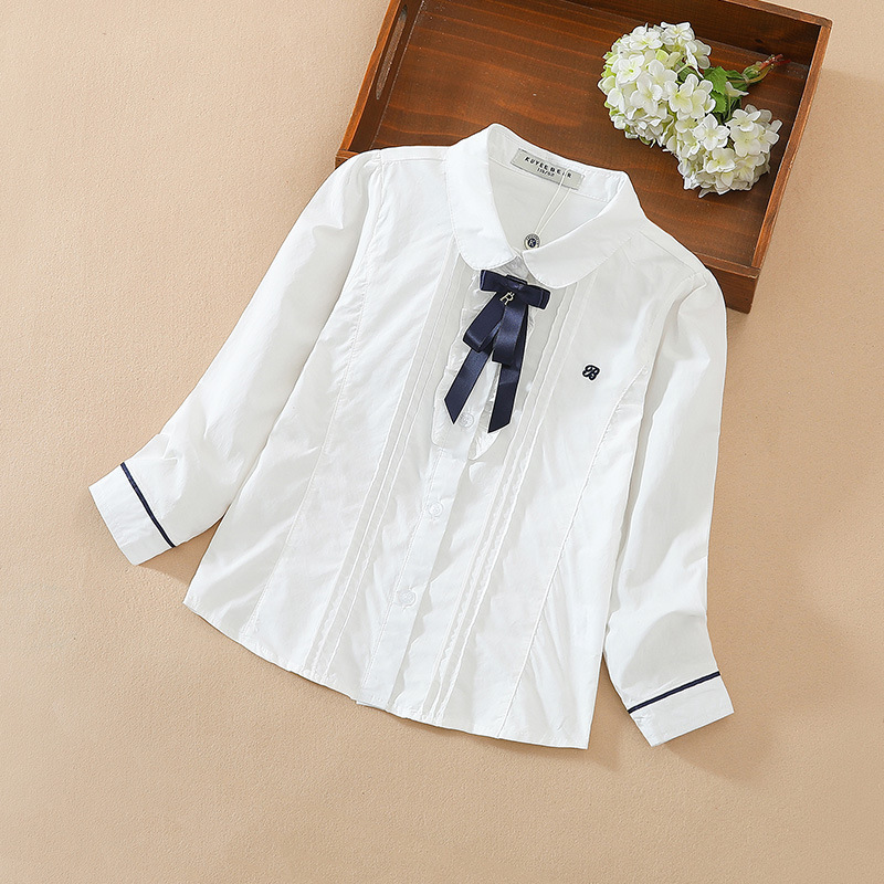 Picture of Spring and Autumn Baby Tops Korean Big Children's Bow Children's Clothing Short-Sleeved Cotton Long-Sleeved Lapel Girls' Shirts Pure Color