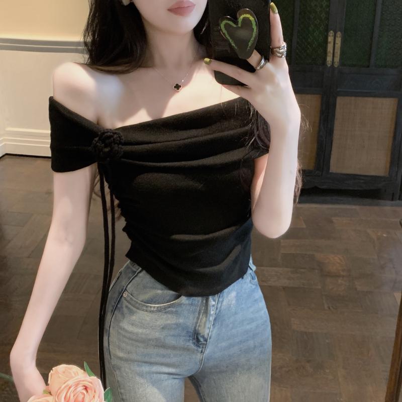 Picture of Pure Sweet Spice Girl Off-shoulder Flower Small Top Women's Summer High-end French Pink Short-sleeved Shirt Chic and Beautiful