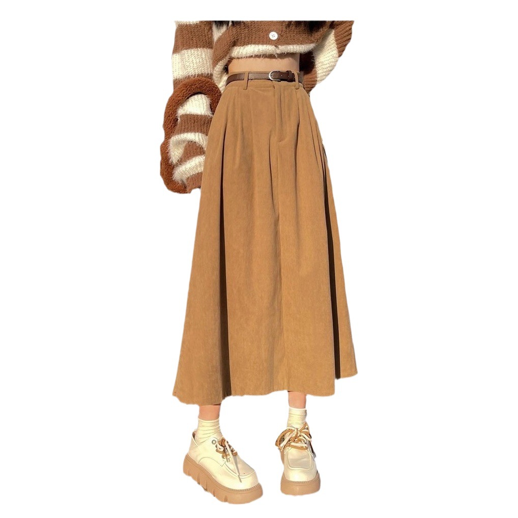 Corduroy skirt women's autumn 2023 new retro high waist slimming mid-length large swing A- line skirt