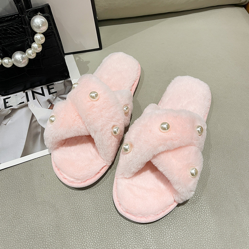 Picture of Foreign Trade New Fashion Pearl Home Home Maomao Slippers Women's Warm Flat Heel Cross Slippers Autumn and Winter Cross-Border
