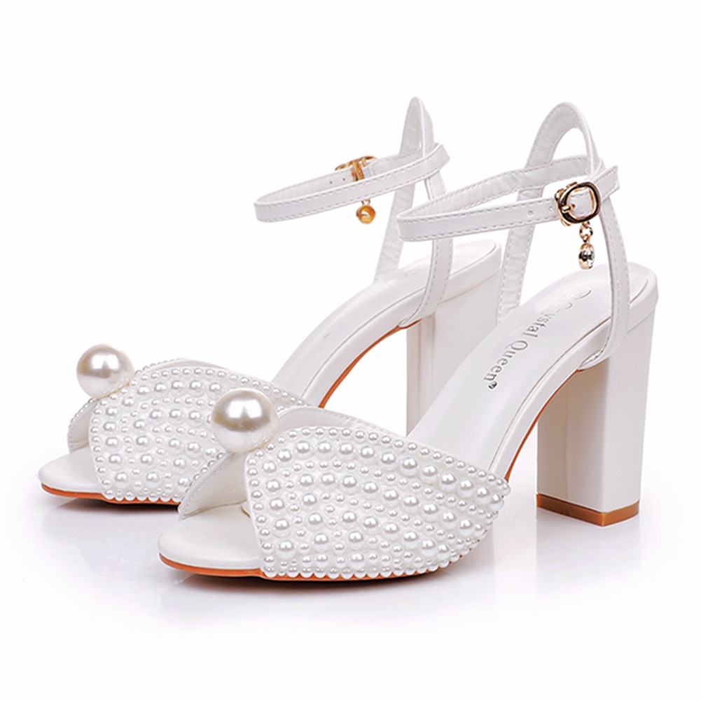 9cm Thick Heel Fishmouth Sandals Square Heel Sandals White Pearl Bridal Wedding Dress Sandals Pearl Wedding Shoes Women