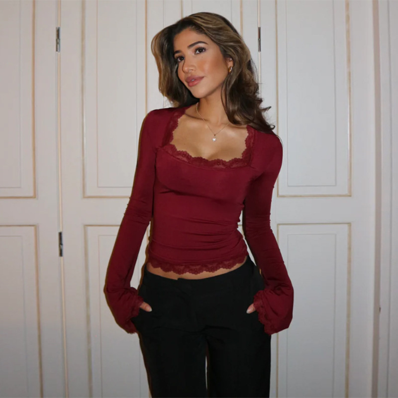 2025 spring and summer new European and American style women's fashion temperament sexy all-match slim lace long sleeve top
