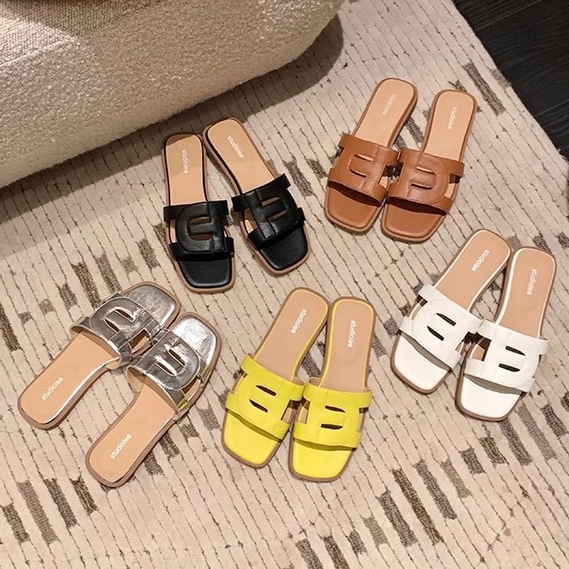 Picture of Grape Mom's Same Style Cut Out Slimming Look Square Toe Soft Sole Versatile Flats Bottom One-Line Beach Outer Wear Genuine Leather Slippers for Women Summer