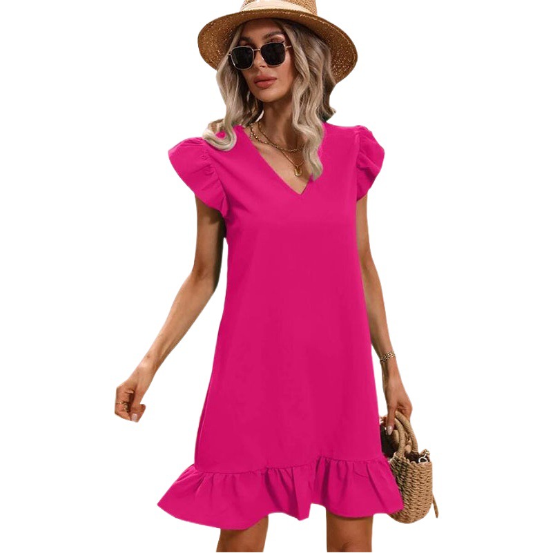 A280 Leisure dress Summer 2025 European and American Style Solid Color V-neck Flying Sleeve dress Ruffled