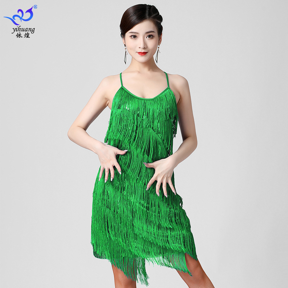 Picture of Latin Dance Sequined Tassel Skirt Latin Dance Skirt V Neck Party Dance Skirt Performance Clothing Stage Performance Competition Clothing