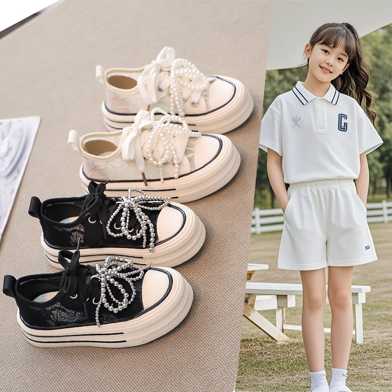 2025 Spring and Summer New Girls Canvas Shoes Breathable Lace Korean Style Children's Shoes Soft Sole Mesh Kindergarten Shoes