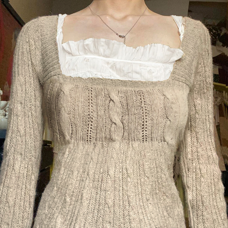 Picture of Women's sweater 2022 spring cross-border new retro low-cut square collar twist khaki woolen top