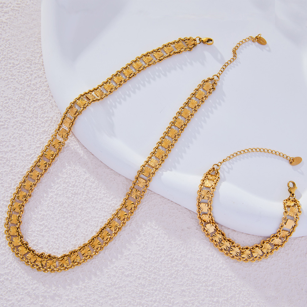 French New Creative Design Sense Copper Gold-plated Texture Bracelet Necklace Multi-layer Stitching Wide Versatile Jewelry suit