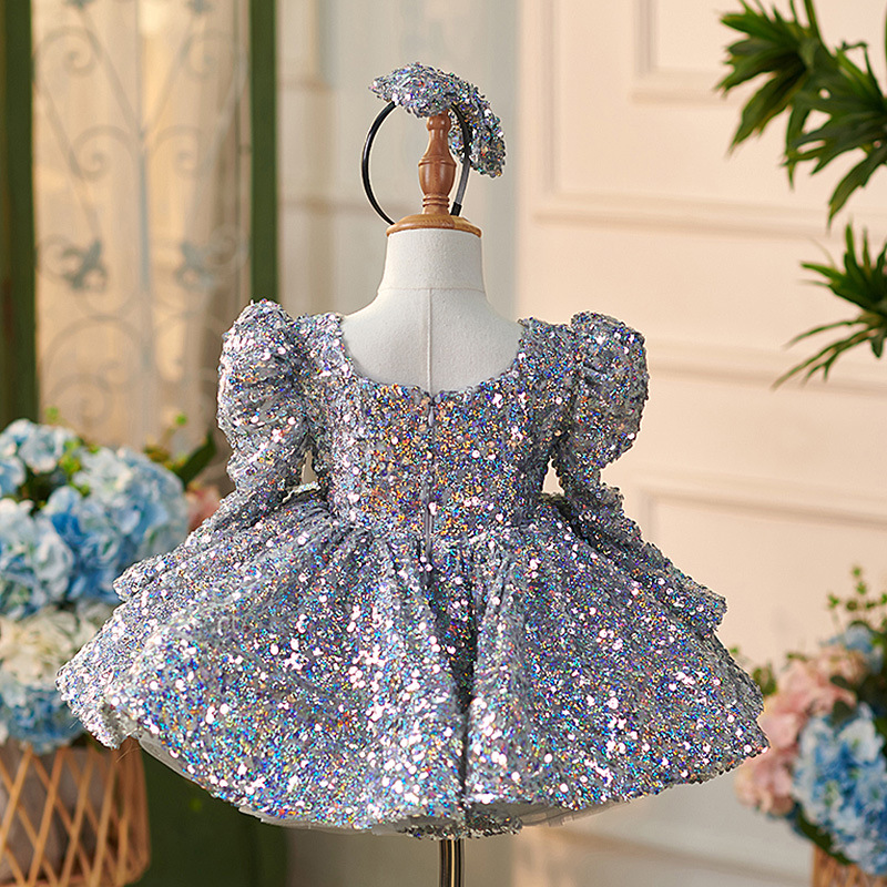 Picture of Girls' silver sequined one-year-old dress 2025 new AliExpress super fairy long sleeve puffy princess dress manufacturers supply