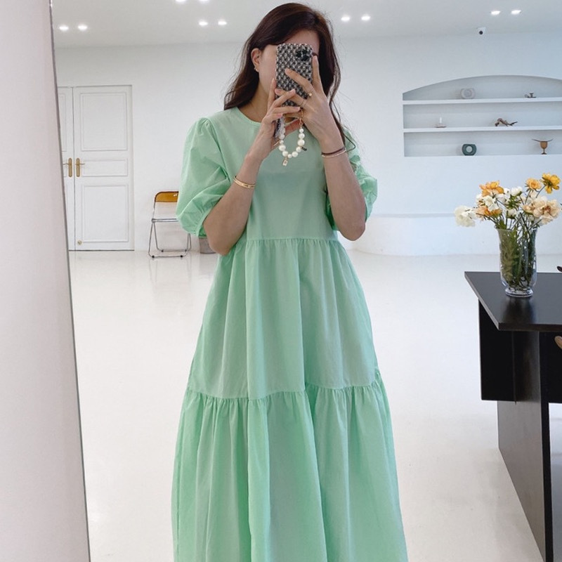 South Korea Chic Summer French Style Simple High-end Crewneck Loose Puff Sleeve Pleated Long Over-knee dress Women