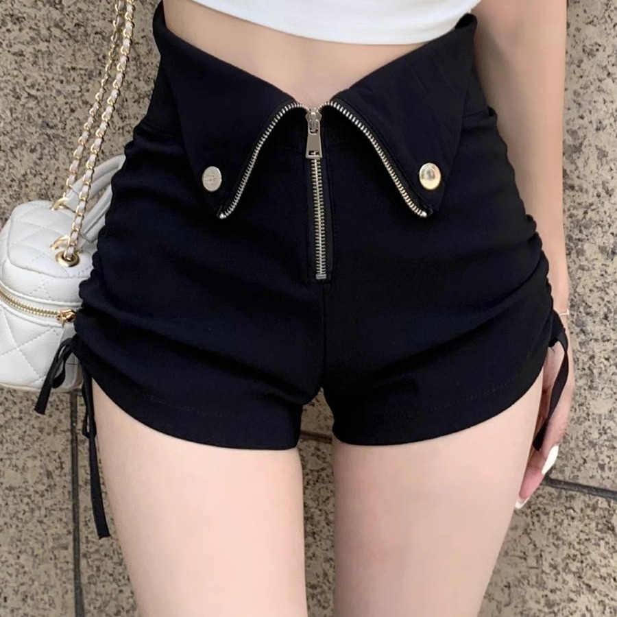 Ultra-high waist drawstring black shorts women's autumn and winter hot girl design sense niche small a-Line ultra-short hot pants fashion